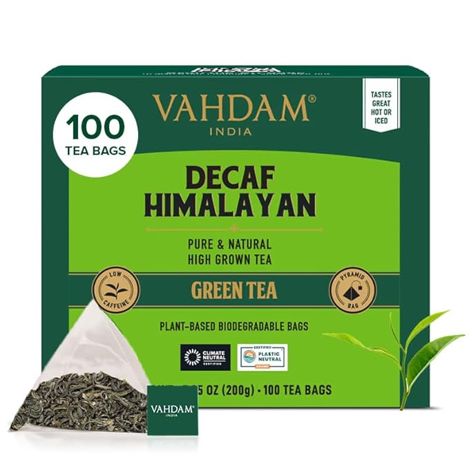 VAHDAM, Decaf Himalayan Green Tea Bags (100 Pyramid Tea Bags) Caffeine Free, Gluten Free | High Grown Decaf Green Tea | Resealable Ziplock Pouch | Pyramid Tea Bags