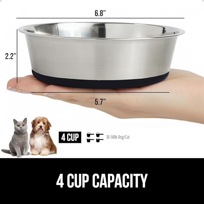 GORILLA GRIP Dog Bowl, Holds 4 Cups (32 fl oz), Heavy Duty Metal Food and Water Bowl for Feeding Dogs and Cats, Easy Clean, Dishwasher Safe, Rust Resistant Stainless Steel, BPA Free Rubber Base, Black