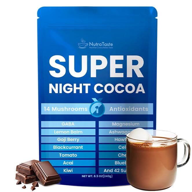 Mushroom Hot Cocoa, Melatonin-Free Natural Relaxation Drink Mix | 14 Mushroom Extracts, Magnesium, Ashwagandha, GABA & 51 Superfoods | Calm & Sleep Support | Keto & Vegan, Cocoa Powder | 30 Servings