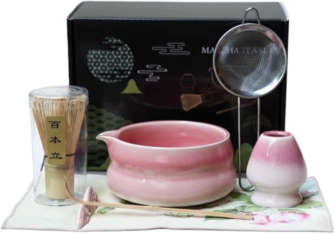 7pcs sunset pink matcha whisk set with cute 'Chubby Belly' design - complete matcha kit set includes bamboo whisk, bowl, stand, scoop, sifter, towel -ideal gift for women and Japanese tea ceremony