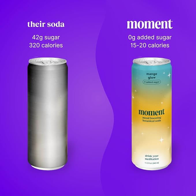 Moment Botanical Soda Soft Drink (Shark Tank) - SPARKLING Drinks | Fruity Fun | L-Theanine & Ashwagandha for Calm & Clarity | 0 Added Sugar 0 Caffeine | 24-pack