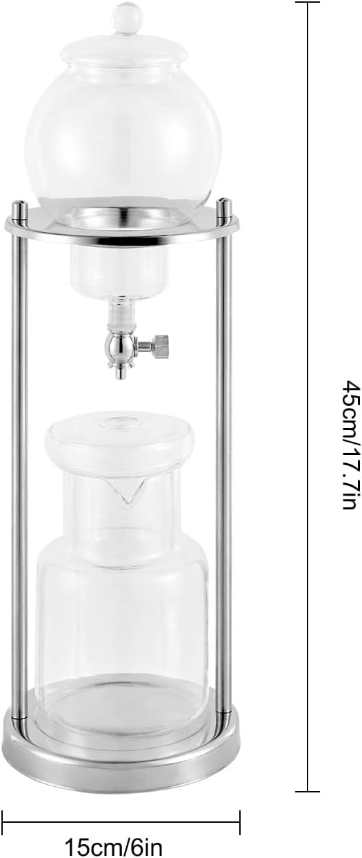 Ice Drip Coffee Maker, 600ml/20.29oz Luxury Cold Brew Coffee Maker in Stainless Steel and Borosilicate Glass, Retro-Style Coffee Maker For Serving 6-8 People At One Time (Sliver)