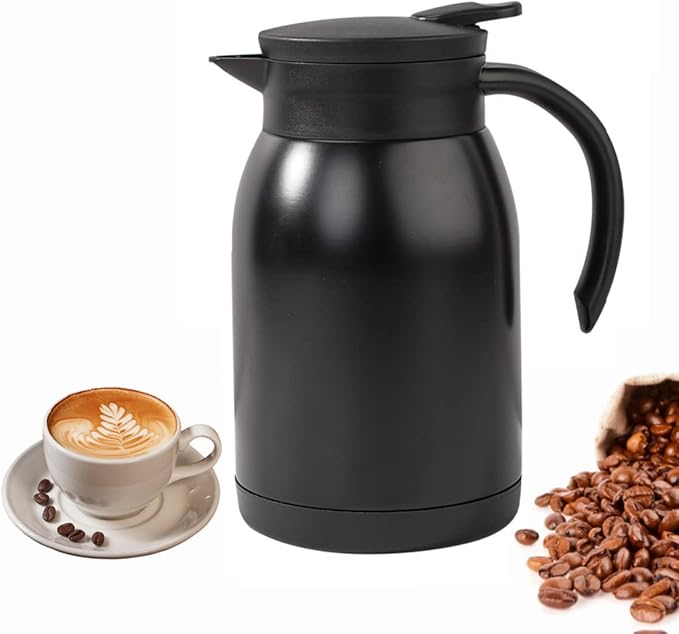 Thermal Coffee Carafe Tea Pot Stainless Steel, Double Wall Vacuum Insulated | Cool Touch Handle | Hot & Cold Retention | Non-Slip Silicone Base | BPA Free, 27OZ /800ML (Black)