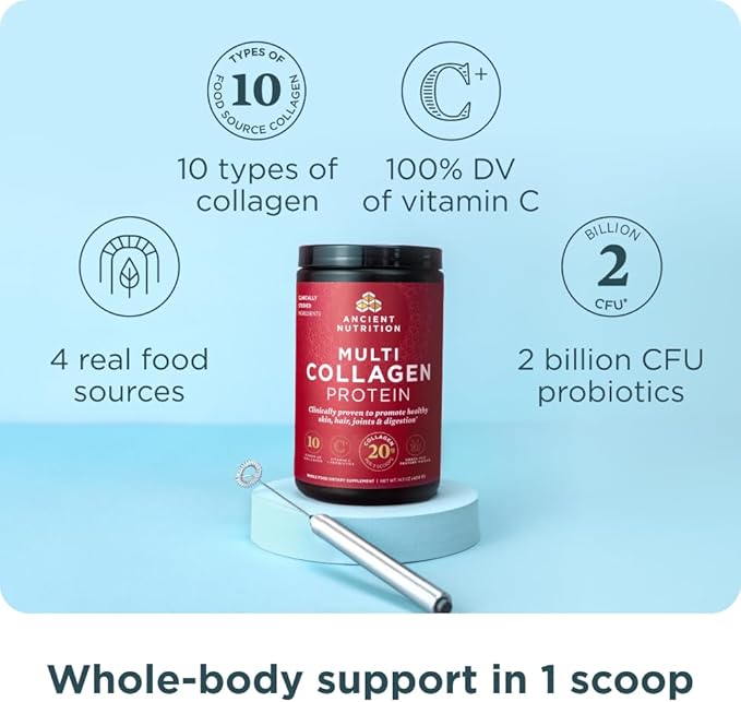 Ancient Nutrition Collagen Peptides Powder, Multi Collagen Protein, Women & Men, Vitamin C, Probiotics, Hydrolyzed Collagen, Supports Skin, Joints, Gut Health, Unflavored, 60 Servings