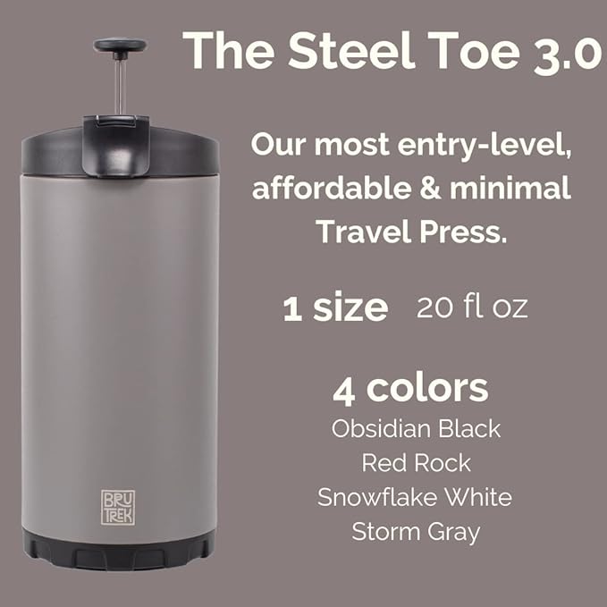 BruTrek Steel Toe 3.0 Travel Coffee Press - Brew 20 fl.oz On The Go - No Spill Lid, Double Wall Vacuum Insulated Stays Hot for Hours, French Press Coffee (Snowflake White)