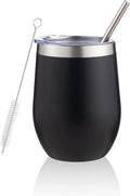12 oz Insulated Wine Tumbler with Lid and Straw,Stainless Steel Stemless Wine Tumbler Glasses Double Wall Vacuum Wine Cups Tumbler Bulk for Coffee,Champaign,Cocktail（Black,1）
