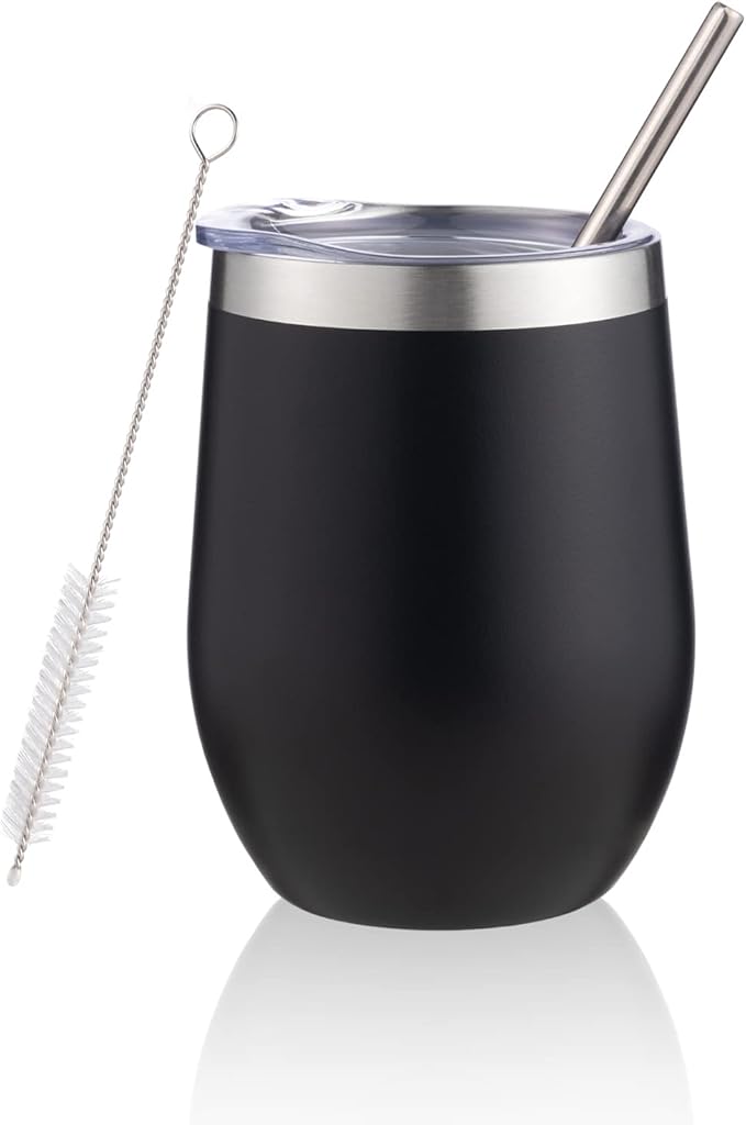 12 oz Insulated Wine Tumbler with Lid and Straw,Stainless Steel Stemless Wine Tumbler Glasses Double Wall Vacuum Wine Cups Tumbler Bulk for Coffee,Champaign,Cocktail（Black,1）