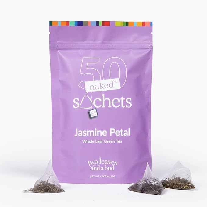 Two Leaves and a Bud Jasmine - 50 Naked Tea Sachets, Whole Leaf Green Tea in Eco-Friendly Unwrapped Compostable Sachets, Resealable Bag, 50 Count (Pack of 1)