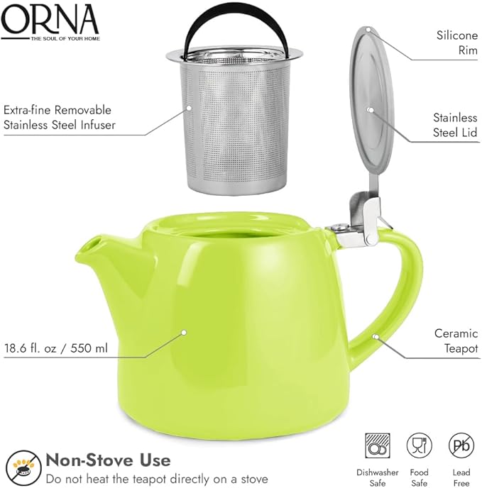 ORNA Ceramic Teapot with Tea Infuser – Small Tea Pot for Loose Leaf Tea – 550ml / 18.6 Oz Porcelain Non-Stove Teapot for 2 Cups with Tea Strainer (Lime)