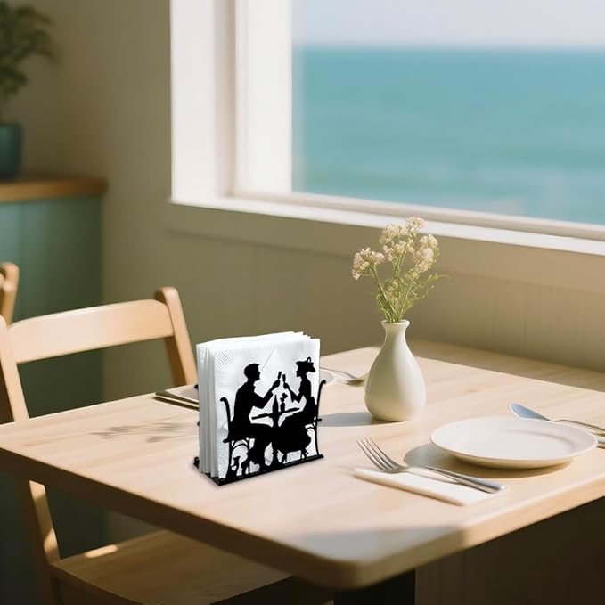 A Couple Dining Decorative Black Metal Napkin Holder for Table, 5.3" x 4.9" x 1.9" Silhouette of Couple Standing Napkin Holder for Home Kitchen Restaurant Picnic Party Coffee Bar Dining Room