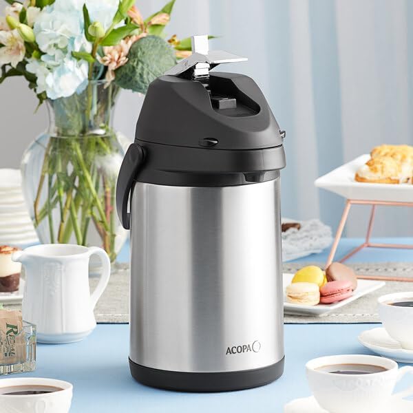 3 Liter Stainless Steel Airpot with Metal Lever, Double Wall Insulated Coffee Dispenser, Silver, Round, 13.2 Inch Height, BPA Free