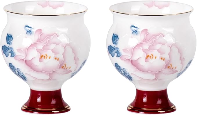KAMMAK Red Makeup and Youth - Big-bellied, high-footed Cup,Tea Cup 3.2oz Small Tea Cups Set of 2, Red Porcelain Tea Cup Set,Asian Ceramic Teacups for Home, Party, Office