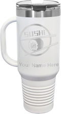 LaserGram 40oz Vacuum Insulated Travel Mug with Handle, Sushi, Personalized Engraving Included (White)