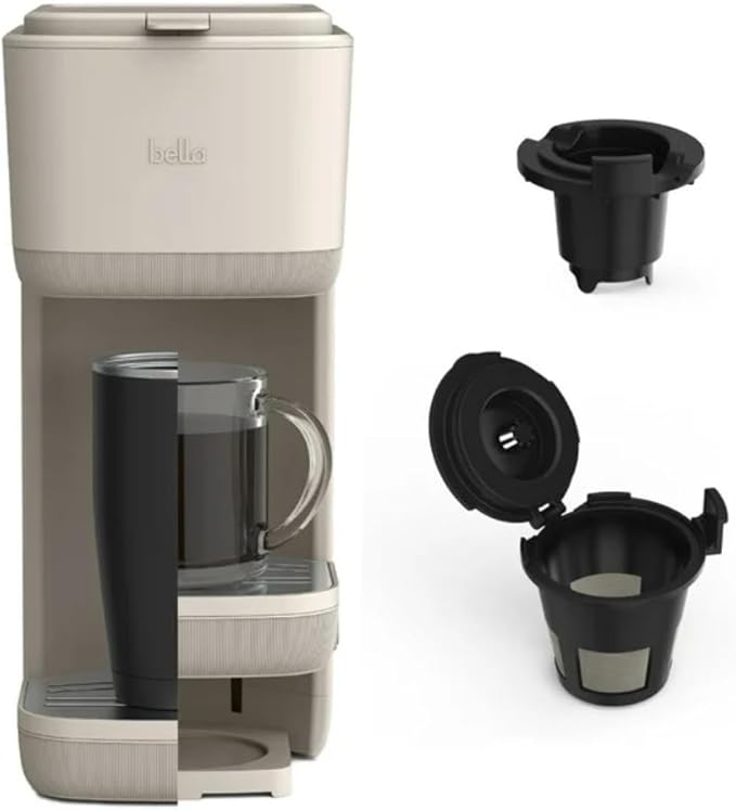 Single-Serve Bella Coffee Maker – Compact 6oz–14oz Brewer for Ground Coffee or Pods, One-Touch Operation, Adjustable Drip Tray, 35oz Water Tank, Travel Mug Friendly, Dishwasher-Safe Parts (Oatmilk)