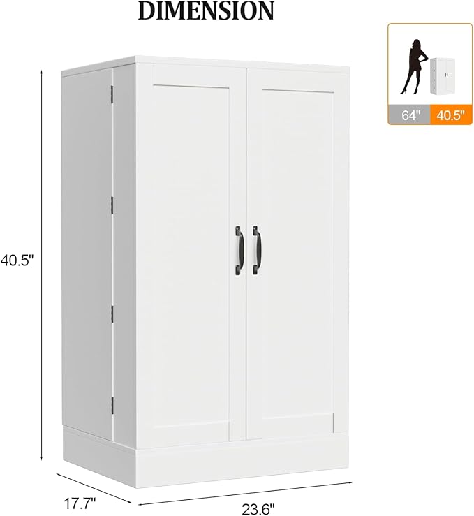 VINGLI Pantry Cabinet, 40.5" H Food Storage Freestanding Cupboard for Small Space in Dining Room, Living Room, White Kitchen Storage Cabinet with 2 Doors and Adjustable Shelves