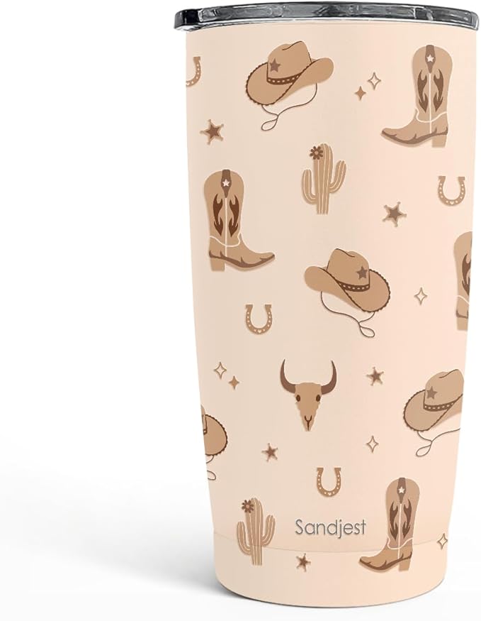 SANDJEST Cowgirl Tumbler 20oz, Stainless Steel Travel Cup with Lid, Insulated Coffee Mug, Cowgirl Gifts for Women Girls Friends Sisters on Birthday Christmas (Beige)