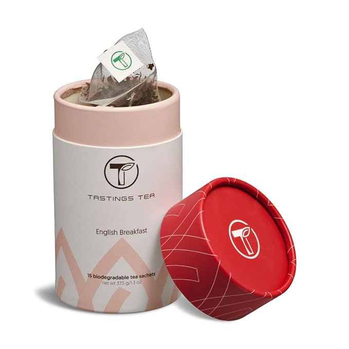 Tastings Tea English Breakfast Tea Bags - 15 Biodegradable Pyramid Sachets | Black Tea Blend with Assam & Nilgiri Flavor | Natural Caffeinated Tea