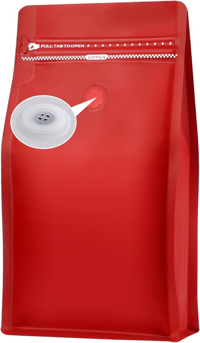 REMTAP Coffee Bags with Valve(100pcs,16oz) Red High Barrier Aluminumed Foil Flat Bottom Standing Coffee Beans Storage Bags,Reusable Heat Sealable Side Zipper Pouches for Home or Store