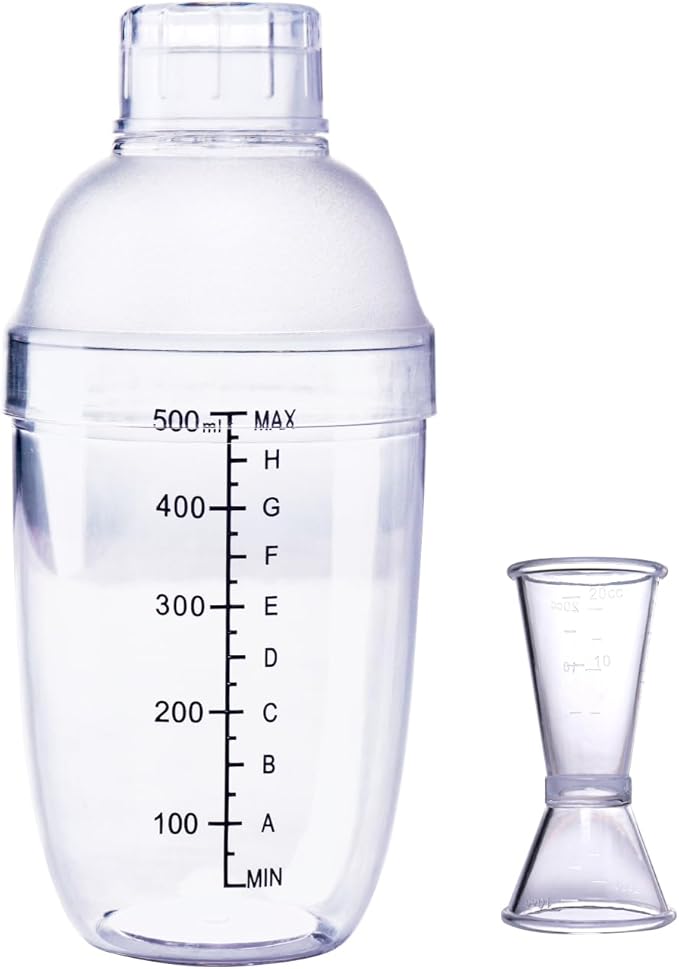 Plastic Bar Cocktail Shaker with Measuring Jigger Set,Hand Drink Mixer Boba Tea Shaker Cup with Scales,Bar Tool Transparent Protein (500ML)