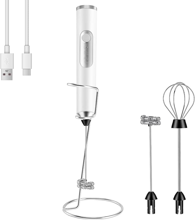 BEoffer Milk Frother Handheld + Stand Rechargeable 2000mAH Power Frother Wand Electric Foam Maker with 2 Stainless Whisks 3 Speeds Drink Mixer Coffee Frother for Latte, Cappuccino Matcha Hot Chocolate
