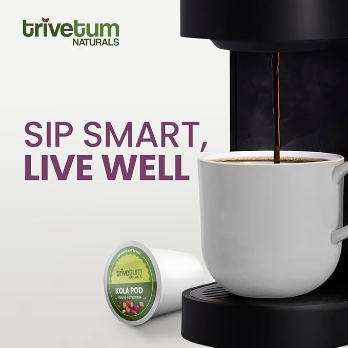 Trivetum Naturals Kola Pods – Low-acid coffee alternative with kola nut + roasted barley for smooth taste, clean energy, focus & natural prebiotic fiber. Keurig compatible, 12 pods.