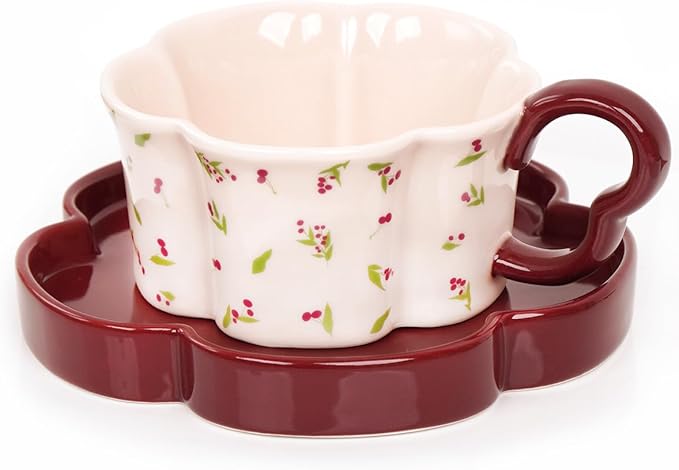 Ceramic Coffee Mug with Saucer Set, Creative Cute Cup with Flower Coaster for Office and Home, 8.4 oz/240 ml for Tea Latte Milk-Pink Cherry (Pink Cherry)