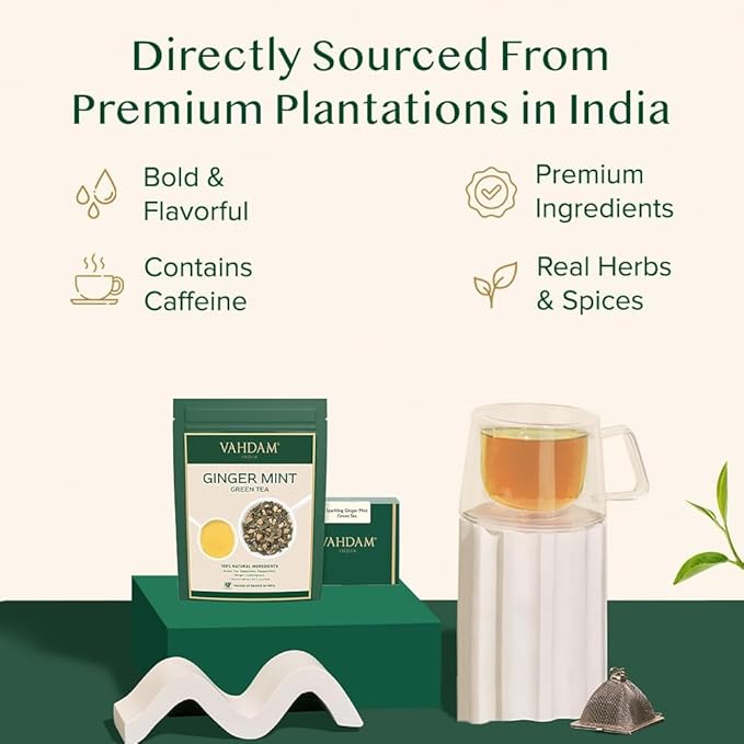 VAHDAM, Ginger Mint Green Tea Loose Leaf (50+ Cups, 3.5oz) Blend Of Ginger Tea & Mint Tea | Pure Green Tea Leaves | High Elevation Grown | Vacuum Sealed