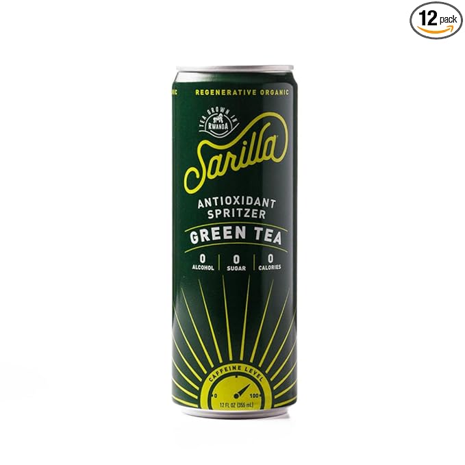 Sarilla Nonalcoholic Green Tea Spritzer – Lightly Sparkling Real Brewed Organic Green Tea with Hibiscus, Plant-Based Caffeine, Zero Calories, 12-Pack
