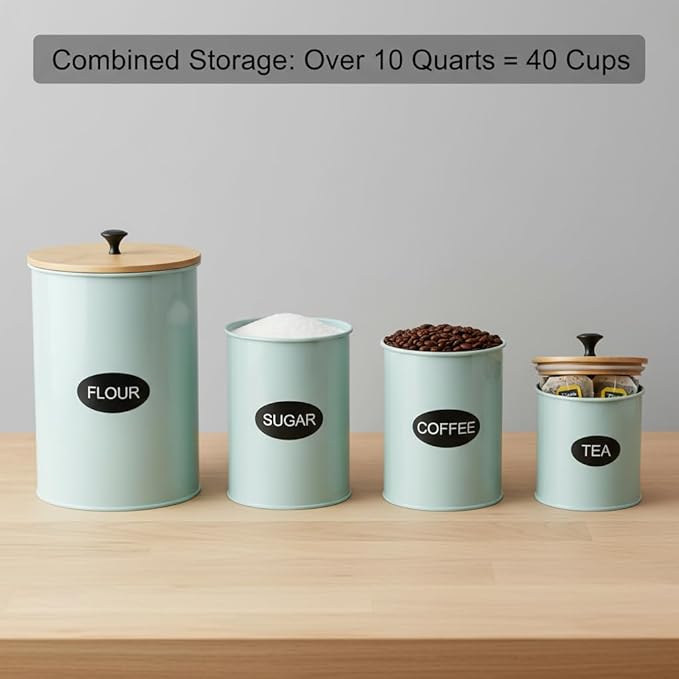 Kitchen Canisters for Countertop Set of 4 with Customizable Chalkboard Labels & Marker Pen - Big Iron Kitchen Canisters with Airtight Lids - Sage Green Canister Set - Flour and Sugar Containers