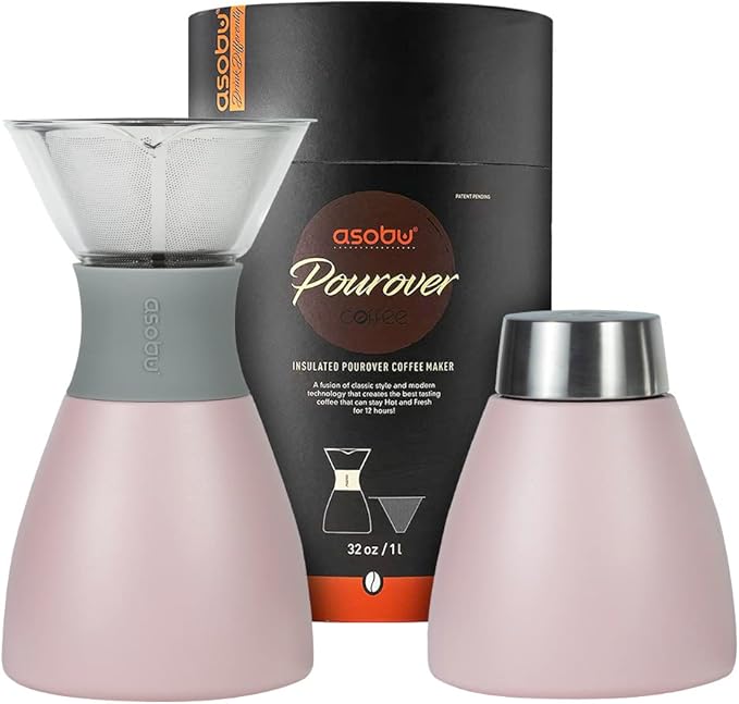 asobu Insulated Pour Over Coffee Maker (32 oz.) Double-Wall Vacuum, Stainless-Steel Filter and Take on the Go Carafe (Powdered Pink)