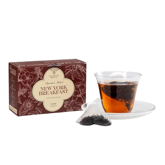 BLOSSOM RITUAL Newyork Breakfast – Strong & Smooth Black Tea with Caffeine – 20 Natural Based Pyramid Bags – Serve Upto 60 cups – Energizing Morning Tea Blend for Focus & Clarity – Resealable Zip Pouch| 2.65oz