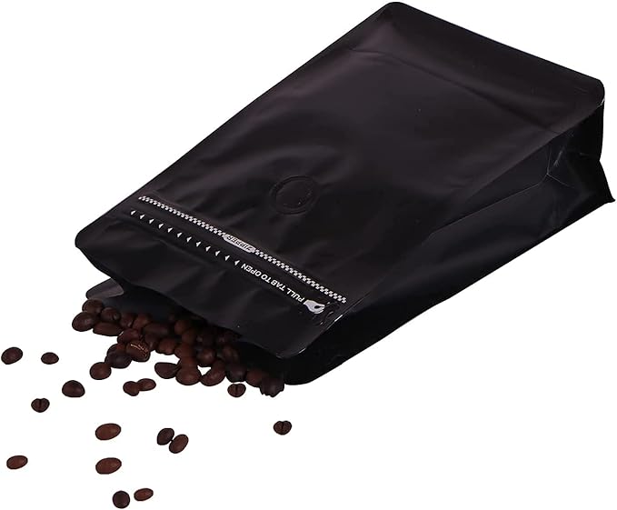 REMTAP Coffee Bags with Valve(50pcs,12 oz,3/4 lb) balck High Barrier Aluminumed Foil Flat Bottom Standing Coffee Beans Storage Bags,Reusable Heat Sealable Side Zipper Pouches for Home or Store