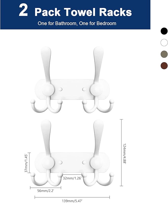 NearMoon Coat Rack Wall Mounted-2 Pack, Heavy Duty Bath Towel Hooks Stainless Steel Robe Hooks Holder, Metal Coat Hook for Towel Coat Hat Key Bathroom Bedroom Hotel Entryway (2 Hooks, White)