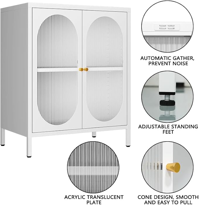 Small 2 Transparent Door Metal Storage Side Buffet Cabinet for Bed Room,Living Room,Entryway,Hallway,Home,Hotel,Office,Garage,Kitchen,1 Removable Shelf. (Transparent Door, White)