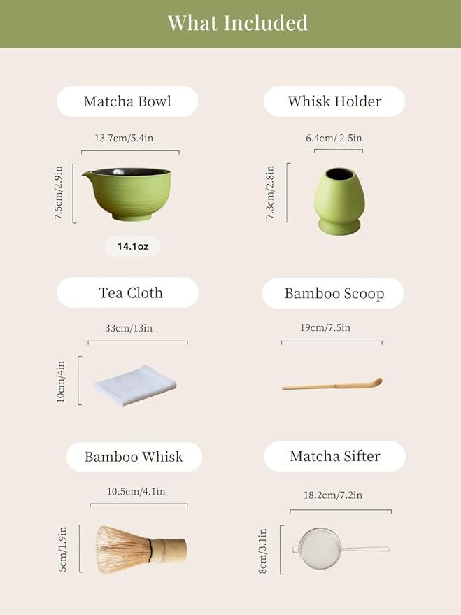 6-pcs Japanese Matcha Whisk Set, Handmade Ceramic Matcha Set with Bowl(Chawan),Bamboo Whisk(Chasen) and Holder, Scoop, Sifter & Tea Towel,Matcha Kit for Ceremony (Matcha Green)