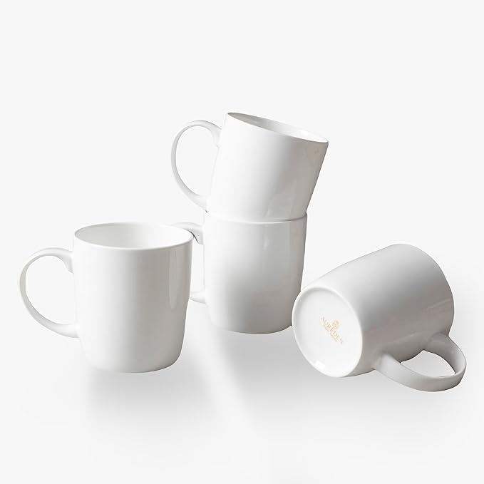 Bone China Mug Set (10 oz, Set of 4) – White Luxury Fine Porcelain Mugs for Tea, Coffee, Latte Art, Barista Use, Elegant Gifting