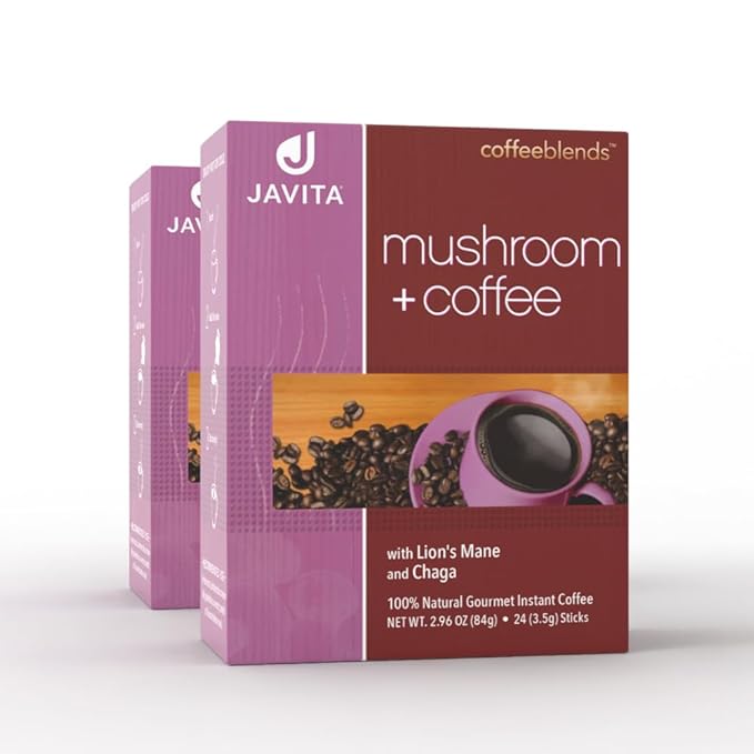 Mushroom + Coffee, Javita Immune & Defend Blend of Chaga, Lion's Mane and Dark Roast Robusta Coffee for Morning Boost, Wellness Support, Smooth, Convenient Coffee Mix (2 box/48 serv)
