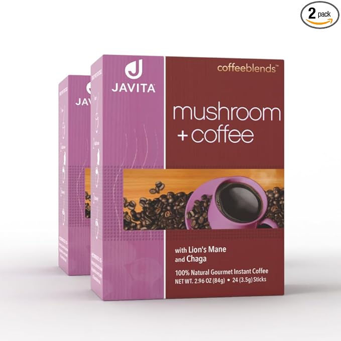 Mushroom + Coffee, Javita Immune & Defend Blend of Chaga, Lion's Mane and Dark Roast Robusta Coffee for Morning Boost, Wellness Support, Smooth, Convenient Coffee Mix (2 box/48 serv)