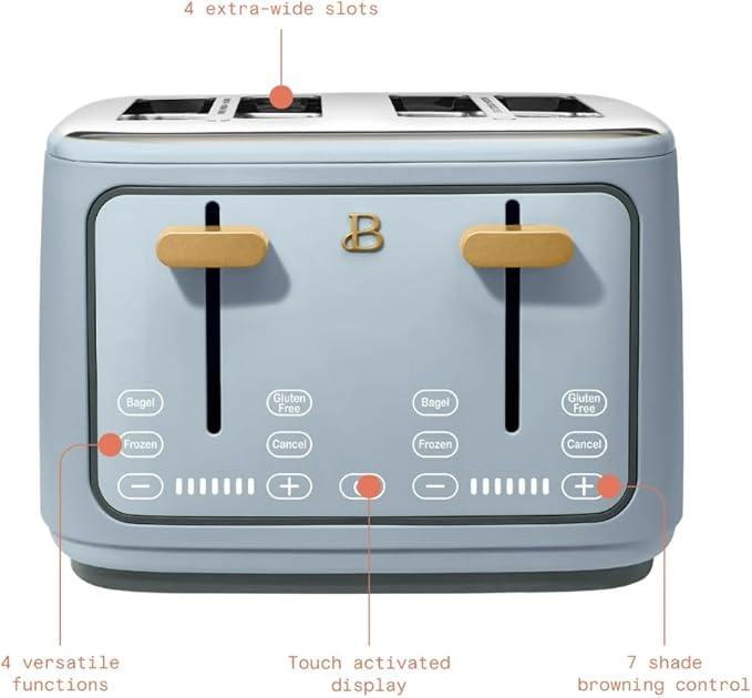 Beautiful 4-Slice Toaster by Drew Barrymore – Touch Display, Extra-Wide Slots, Bagel & Frozen Functions, Stainless Steel (Cornflower Blue)