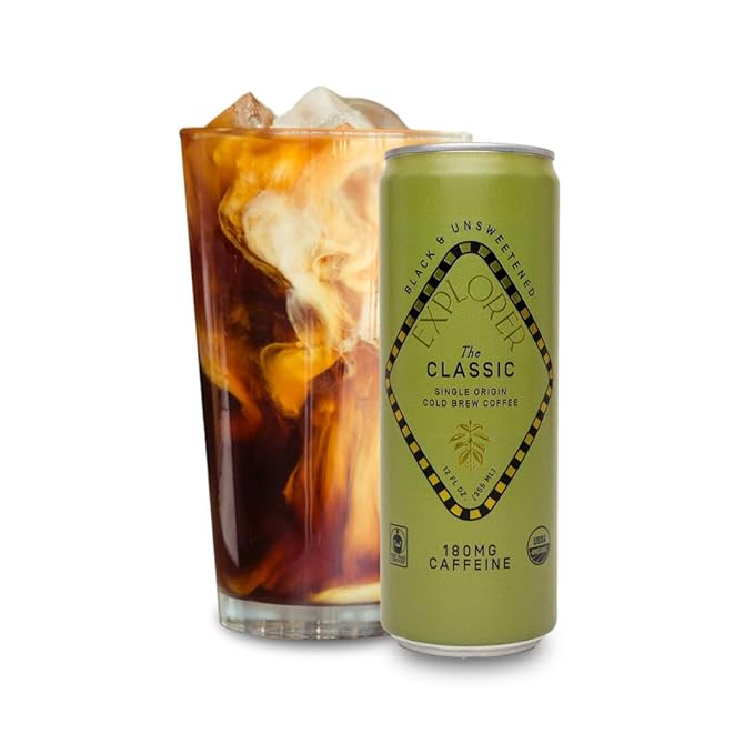 Explorer Classic Ready-to-Drink Organic Cold Brew Coffee, with 180 mg of Caffeine per Serving, Black, Unsweetened, and Fair Trade, 12 fl oz (Pack of 12)