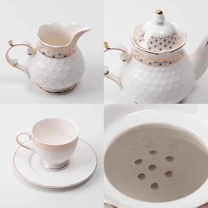 Sweejar 21 Pieces Porcelain Tea Set, Vintage Gold Trimmed Teapot Cup and Saucer Set, Tea Cup for Loose Tea, Sugar Bowl and Creamer Pitcher with Spoons, Service for 6(Classic Gold)