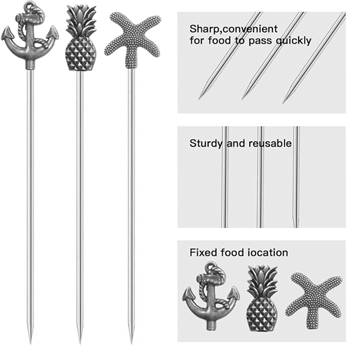 Martini Cocktail Picks Reusable Olive Picks Garnish Skewer Fruit Toothpicks Set of 9 (Antique Silver)