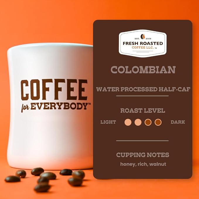 Fresh Roasted Coffee,100% Water Processed Half-Caf Colombian, Kosher, K-Cup Compatible, 24 Pods