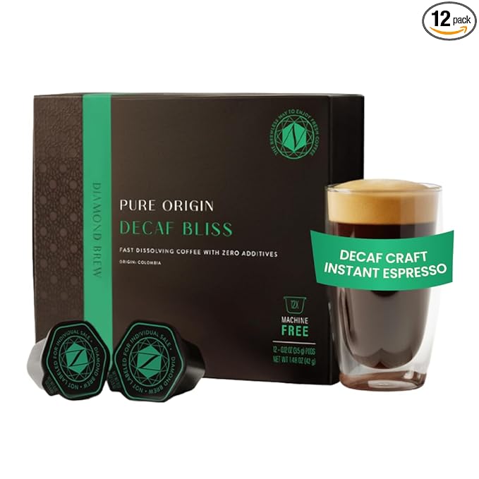 Luxury Instant Espresso - Decaf, Hot or Iced Instant Coffees, Cold Brew Coffee, Double Shot Espresso, 12 Count, 100% Arabica, Sugar Free, No Additives - Original Diamond Brew