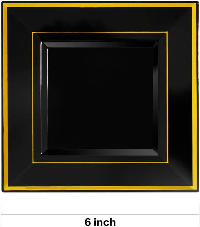 bUCLA 100PCS Black Square Plastic Plates with Gold Rim - 6 inch Disposable Dessert/Appetizer/Small Cake Plates for Party, Graduation & New Year
