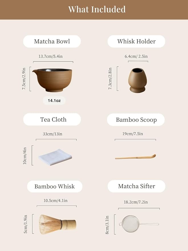 6-pcs Japanese Matcha Whisk Set, Handmade Ceramic Matcha Set with Bowl(Chawan),Bamboo Whisk(Chasen) and Holder, Scoop, Sifter & Tea Towel,Matcha Kit for Ceremony(Matte Oak Brown)