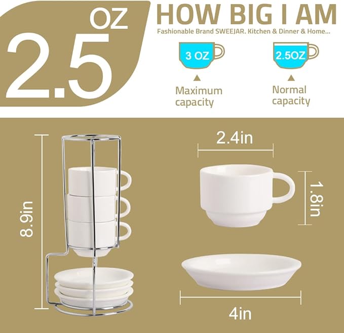 Sweejar Porcelain Espresso Cups with Saucers, 2.5 Ounce Stackable Cappuccino Cups with Metal Stand for Coffee Drinks, Latte, Tea - Set of 4 (Jade)