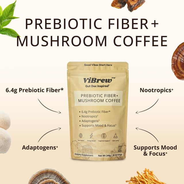 Mushroom Coffee 2800mg – Organic Instant Arabica with Adaptogenic Mushrooms, Prebiotic Acacia Fiber 6400mg, Matcha, L-theanine for Focus, Energy, Digestion & Immune Support (30 servings)