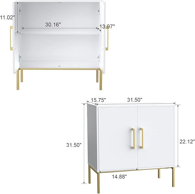JOZZBY Buffet Sideboard Cabinet with Storage, Modern Wooden Cabinet with Adjustable Shelves, White and Gold Cabinets for Living Room, Kitchen, Hallway