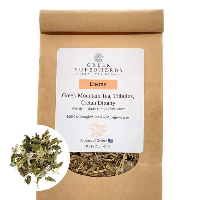 ENERGY Tea | Loose Herbal Tea for Energy & Stamina Boost | Greek Mountain Tea, Tribulus, Cretan Dittany | 100% Wild Crafted, Caffeine Free, Natural & Earthy Flavor | 30G (1.1OZ)